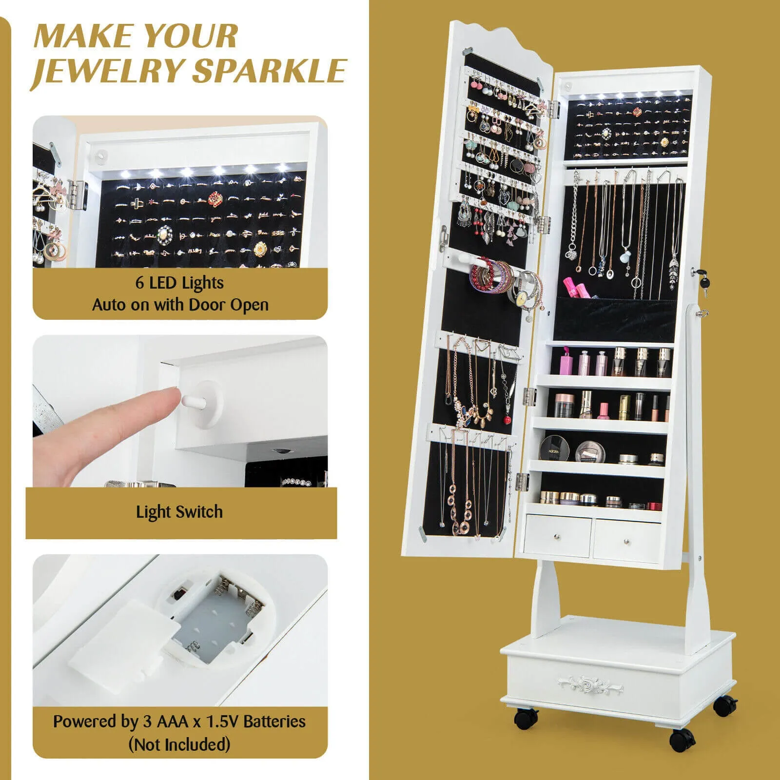 Rolling Floor Standing Mirrored Jewelry Armoire with Lock and Drawers-White