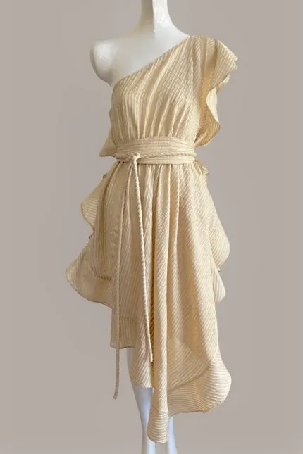 Ruffle Kaftan with Quilted Belt Natural Shell Raw Silk Stripe {Made to Order}