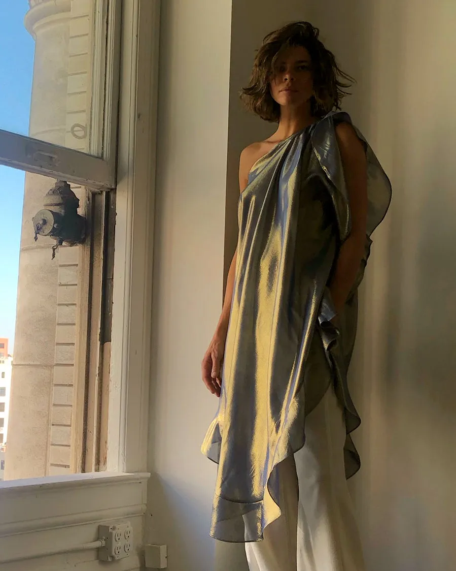 Ruffle Kaftan with Quilted Obi Belt Silk Lame' Champagne Taupe Gold {Made to Order}