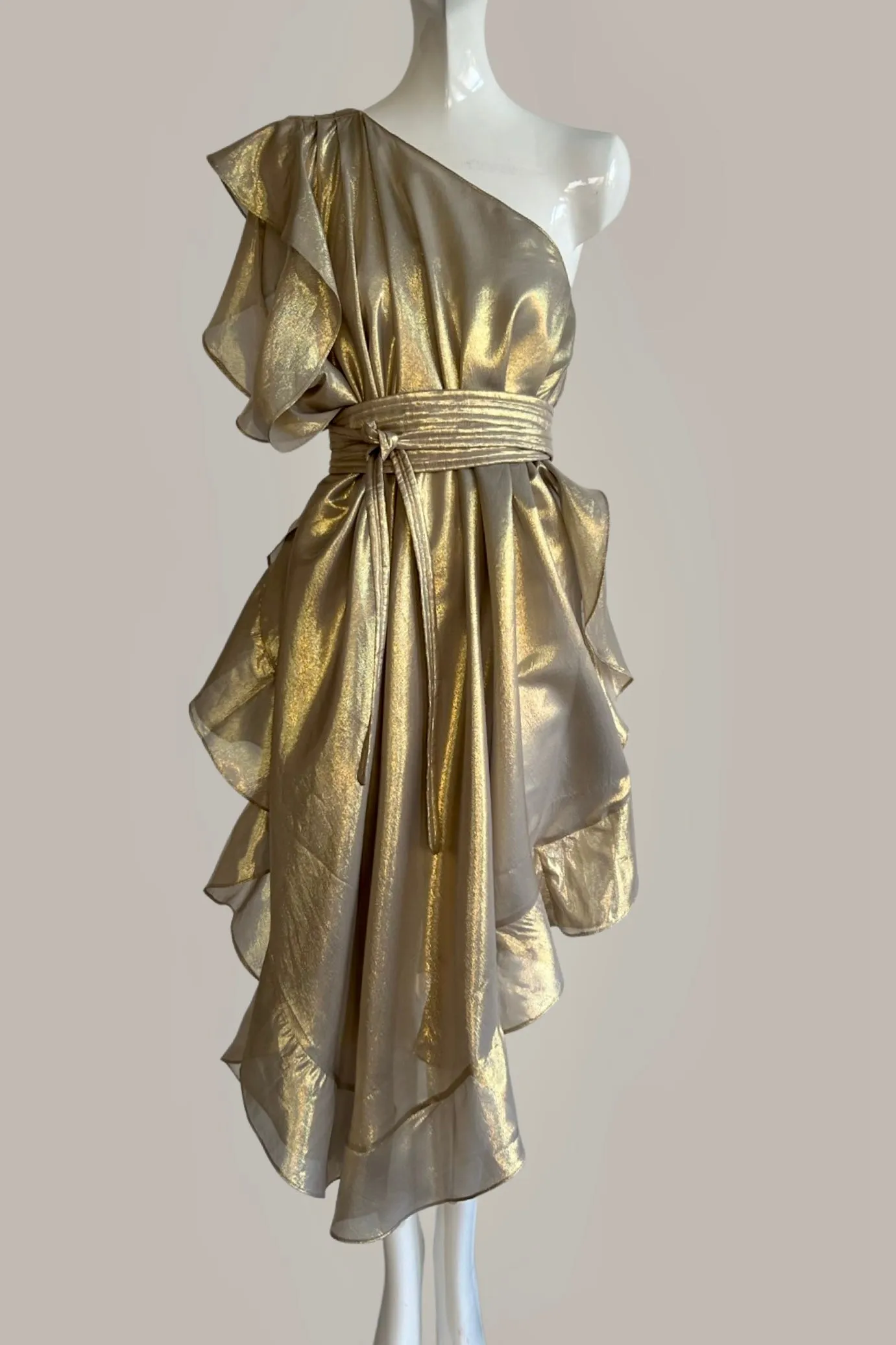 Ruffle Kaftan with Quilted Obi Belt Silk Lame' Champagne Taupe Gold {Made to Order}