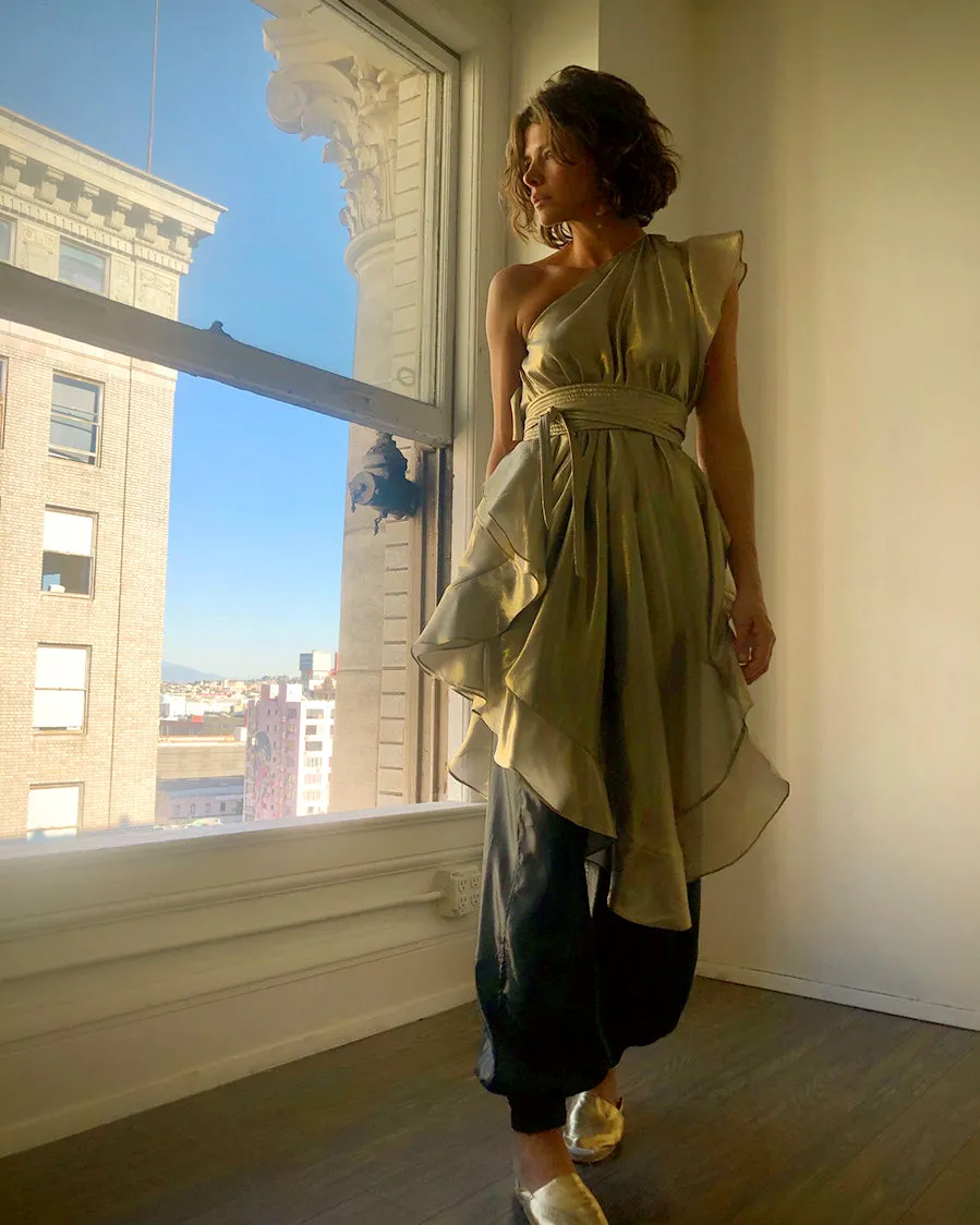 Ruffle Kaftan with Quilted Obi Belt Silk Lame' Champagne Taupe Gold {Made to Order}