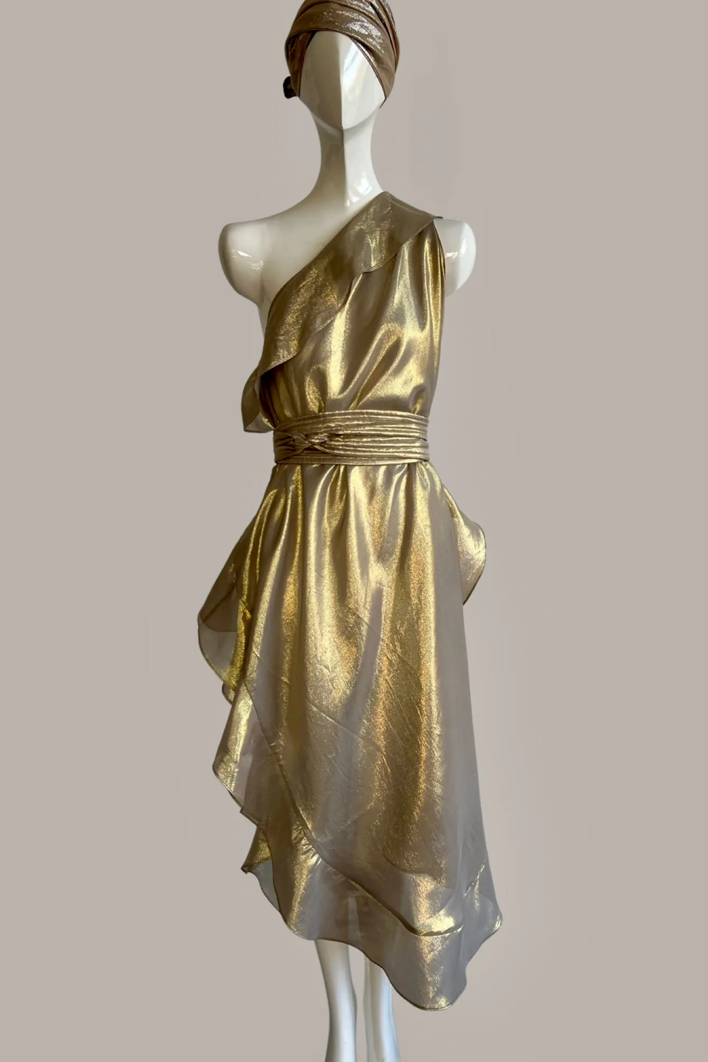 Ruffle Kaftan with Quilted Obi Belt Silk Lame' Champagne Taupe Gold {Made to Order}