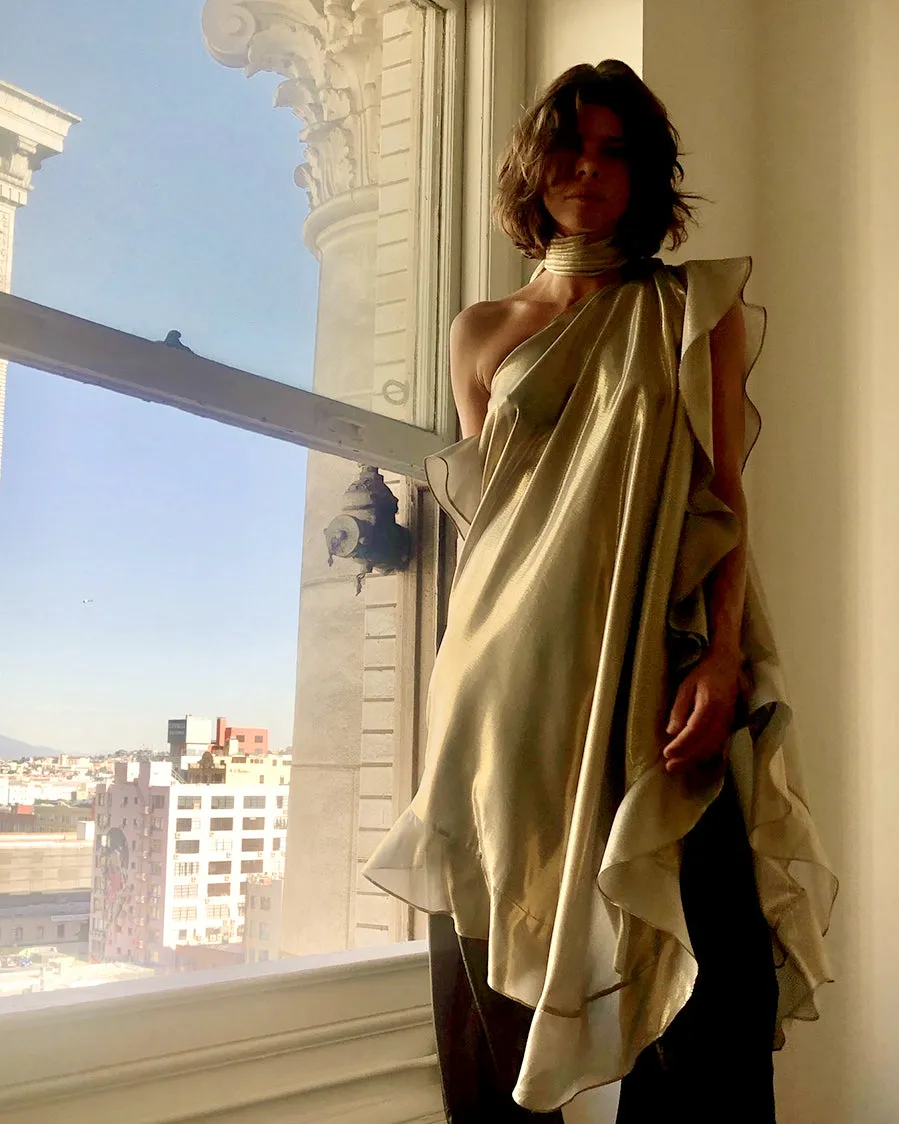 Ruffle Kaftan with Quilted Obi Belt Silk Lame' Champagne Taupe Gold {Made to Order}