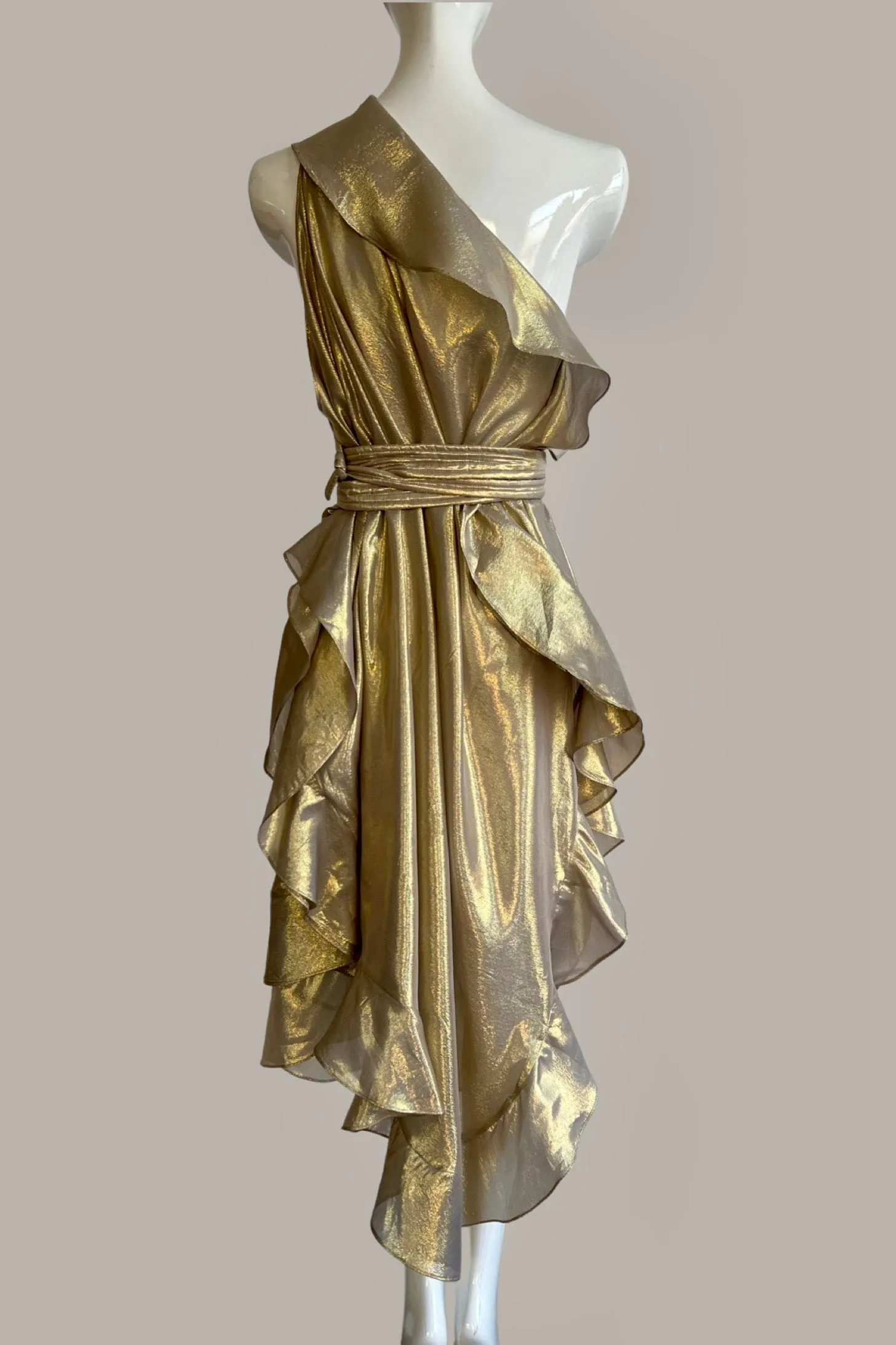 Ruffle Kaftan with Quilted Obi Belt Silk Lame' Champagne Taupe Gold {Made to Order}