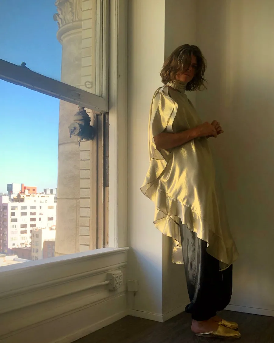 Ruffle Kaftan with Quilted Obi Belt Silk Lame' Champagne Taupe Gold {Made to Order}