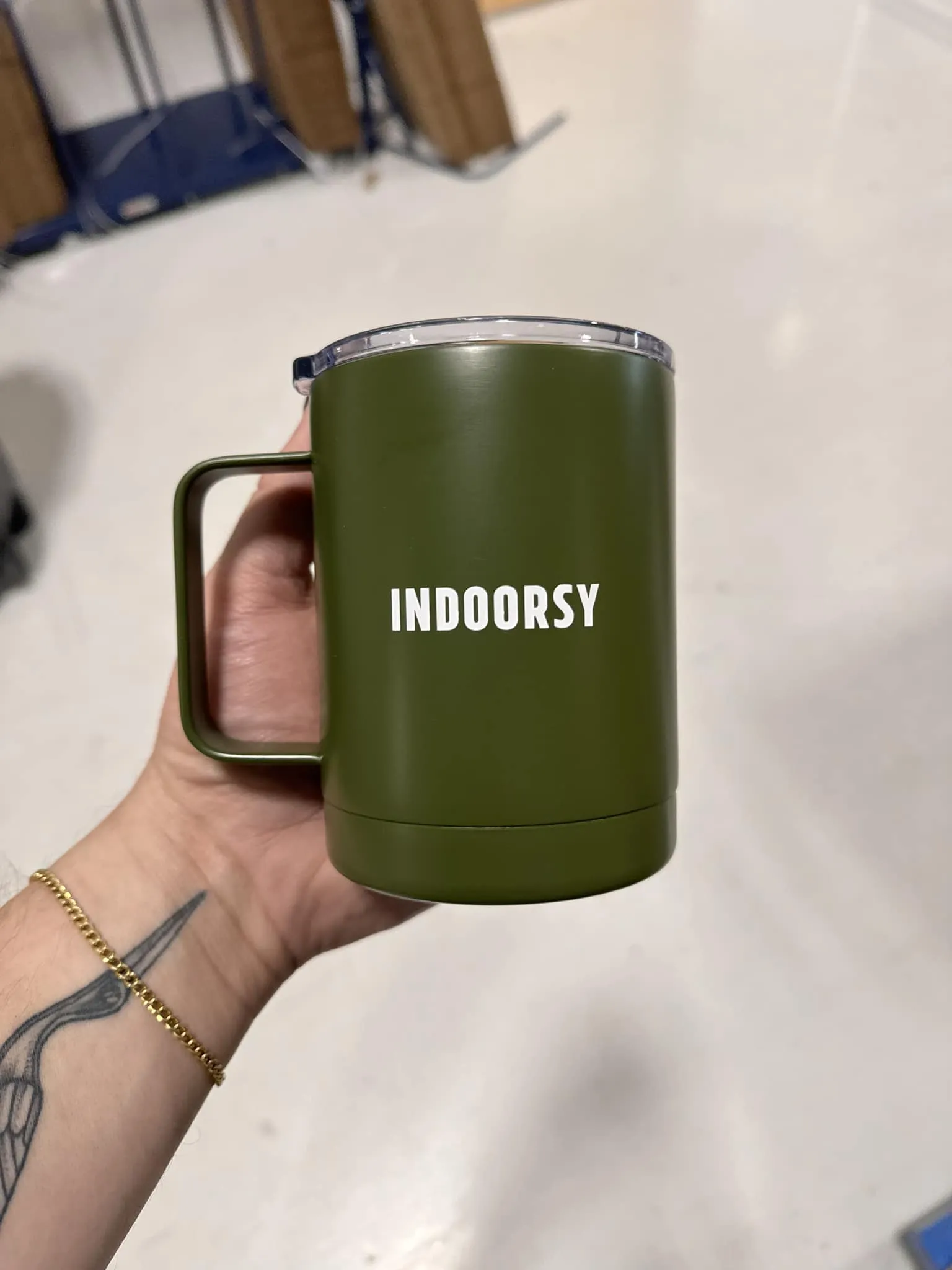 SALE- INDOORSY METAL COFFEE CUP ON OLIVE