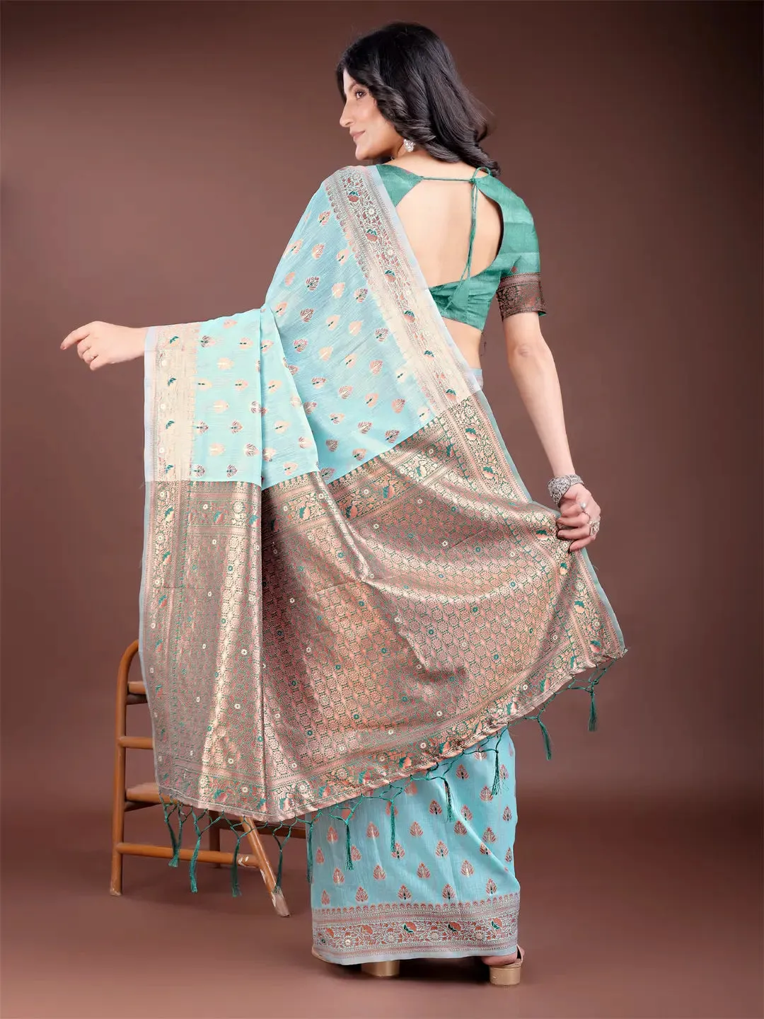 Sea Green Linen Cotton Saree