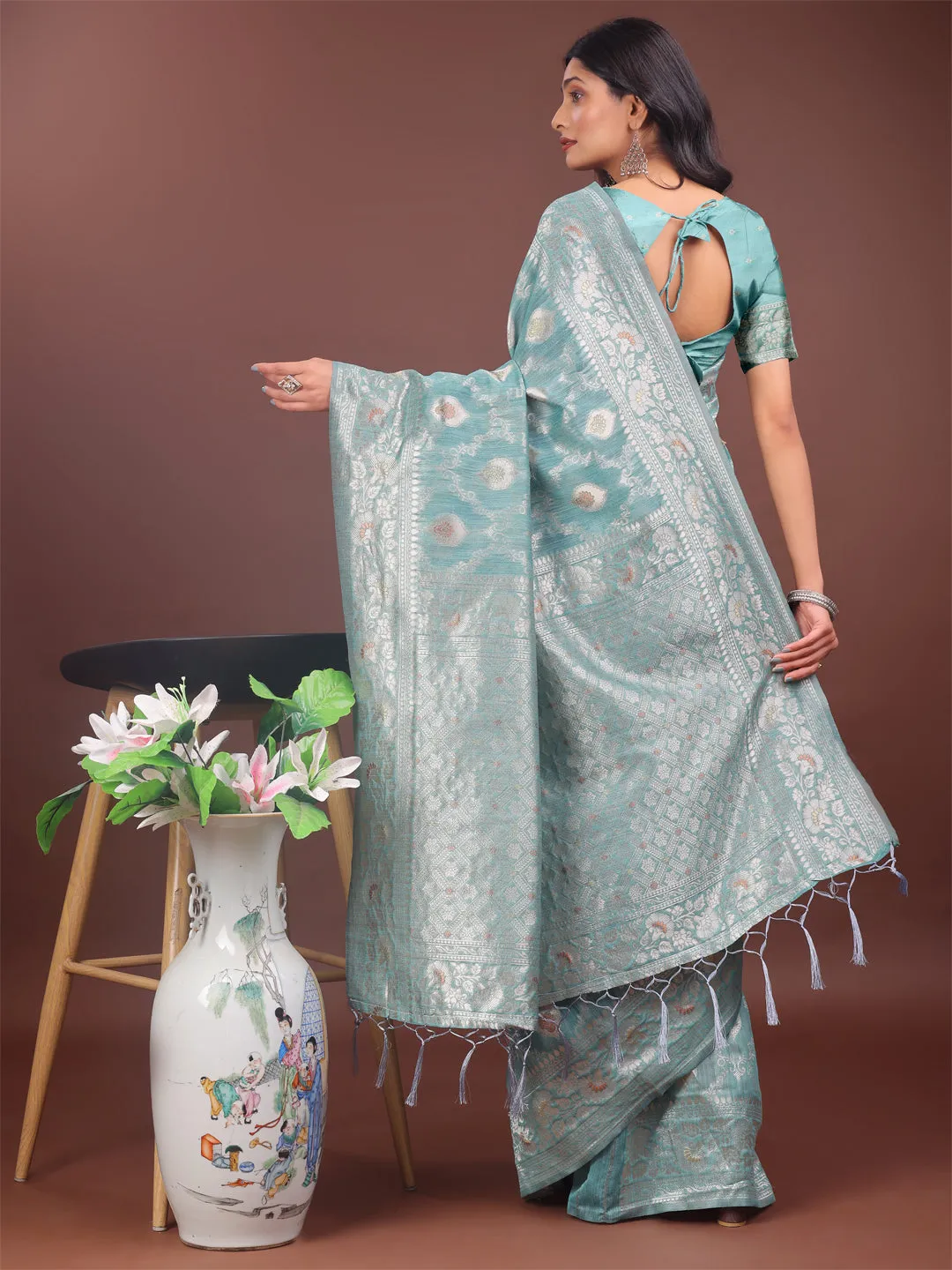 Sea Green Linen Cotton Saree
