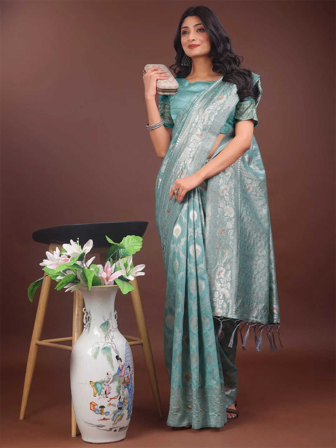 Sea Green Linen Cotton Saree