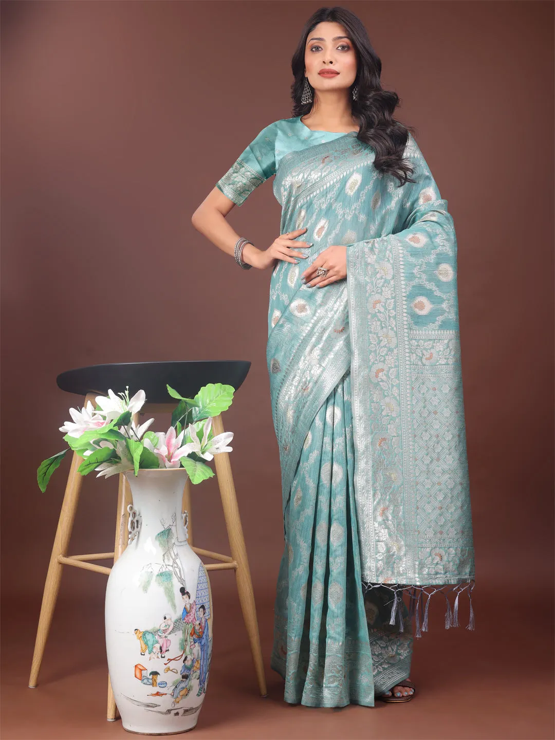 Sea Green Linen Cotton Saree