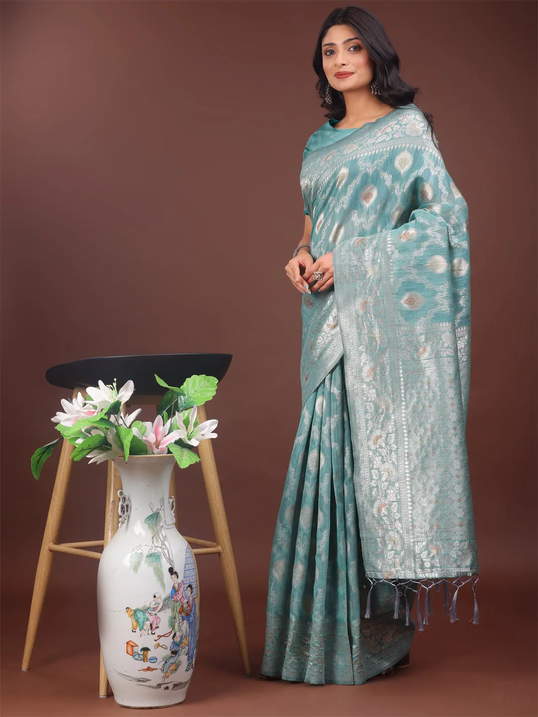 Sea Green Linen Cotton Saree