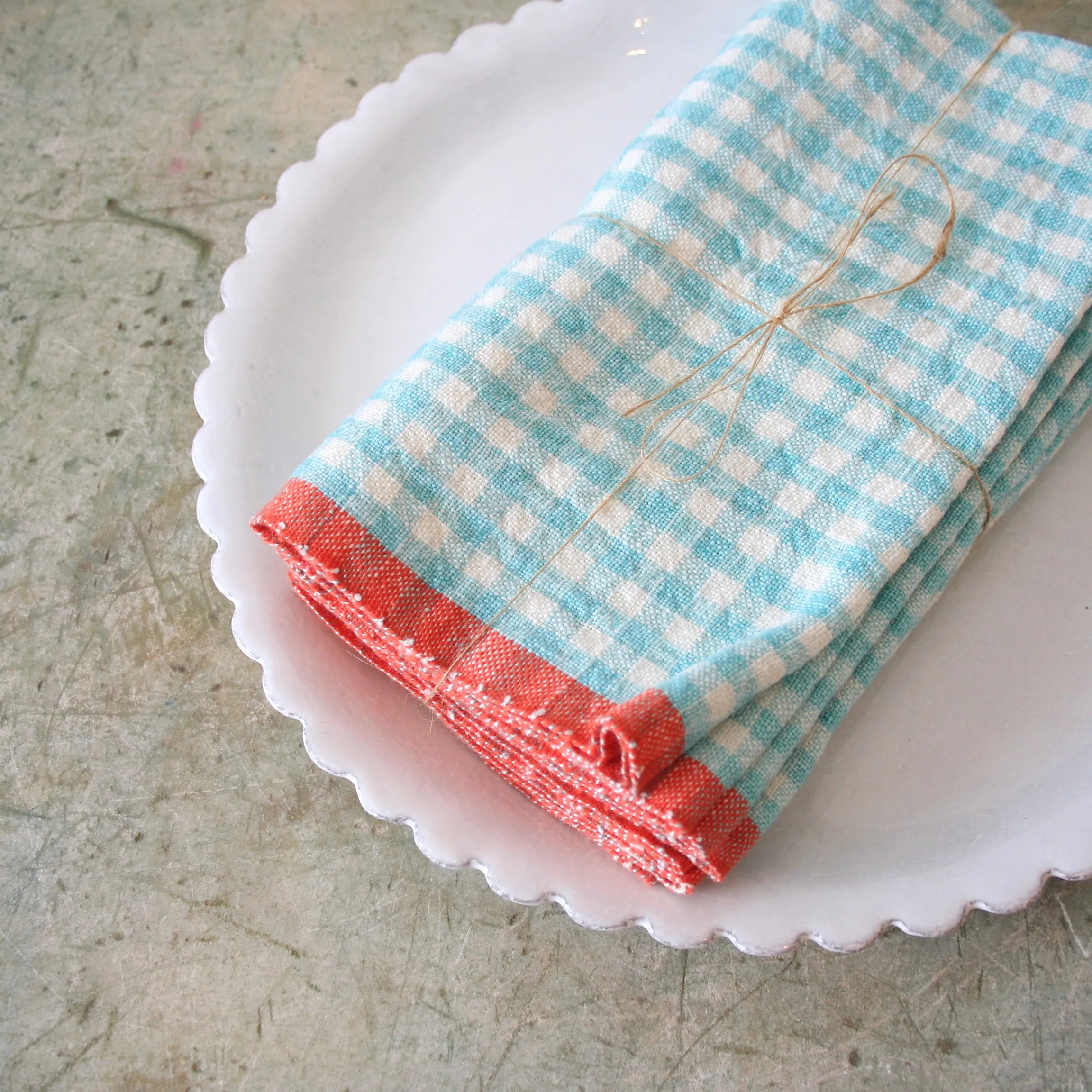 Set of Four Gingham Linen Napkins - Aqua