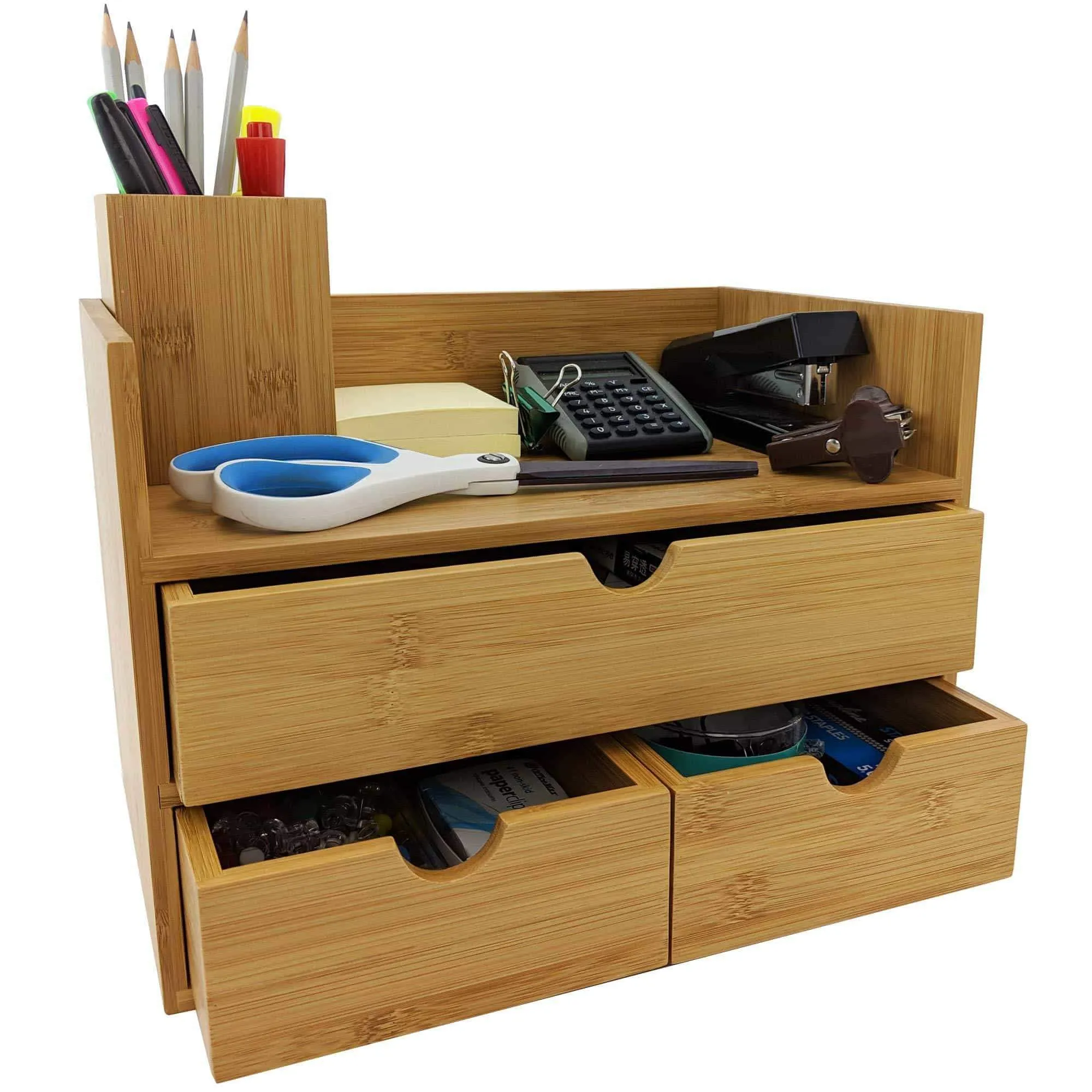 Sherwood & Co. 3-Tier Bamboo Desk Organizer with Drawers - Perfect for Desk Office Supplies, Vanity, Kitchen and Home or Office Tabletop with Bonus Pen Pencil Holder