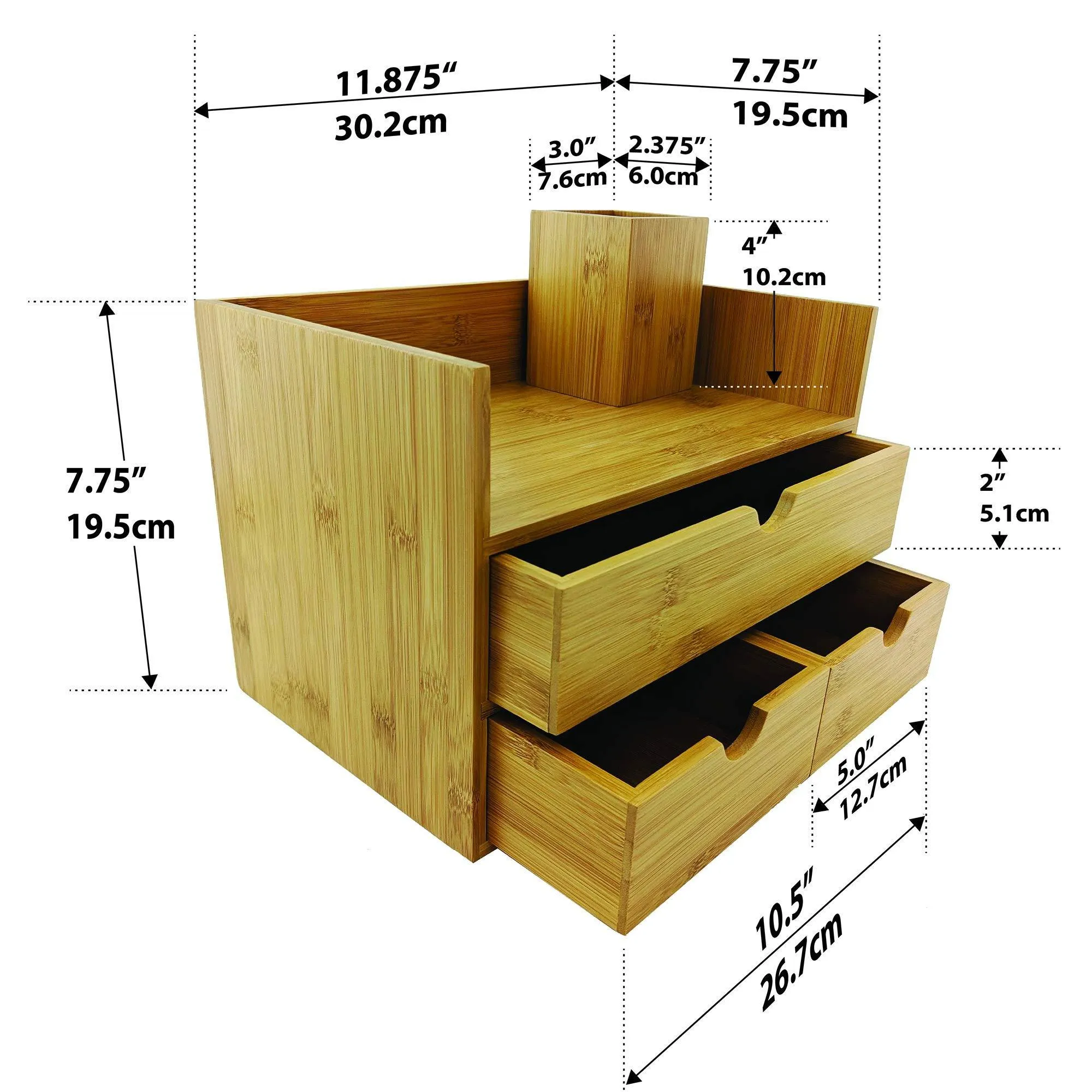 Sherwood & Co. 3-Tier Bamboo Desk Organizer with Drawers - Perfect for Desk Office Supplies, Vanity, Kitchen and Home or Office Tabletop with Bonus Pen Pencil Holder