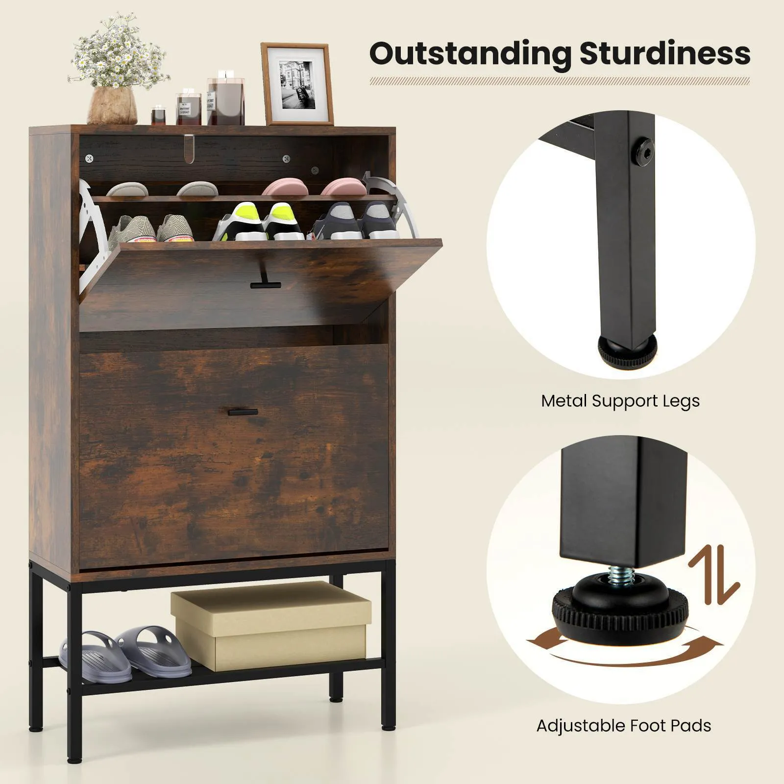Shoe Storage Cabinet w/ 2 Flip Drawers 1 Bottom Metal Shelf Shoe Organizer