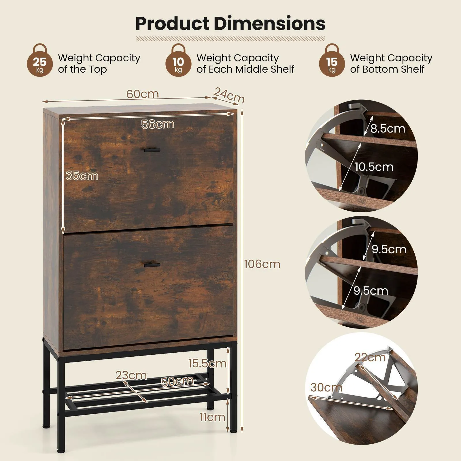 Shoe Storage Cabinet w/ 2 Flip Drawers 1 Bottom Metal Shelf Shoe Organizer