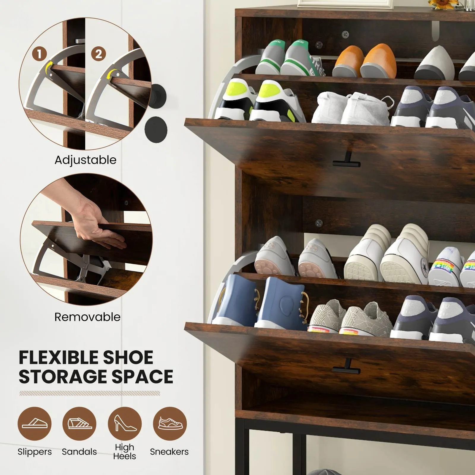 Shoe Storage Cabinet w/ 2 Flip Drawers 1 Bottom Metal Shelf Shoe Organizer