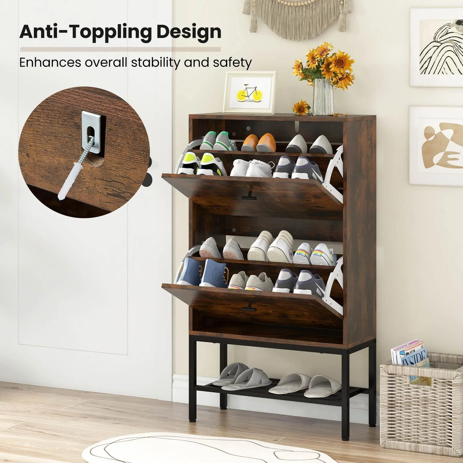 Shoe Storage Cabinet w/ 2 Flip Drawers 1 Bottom Metal Shelf Shoe Organizer
