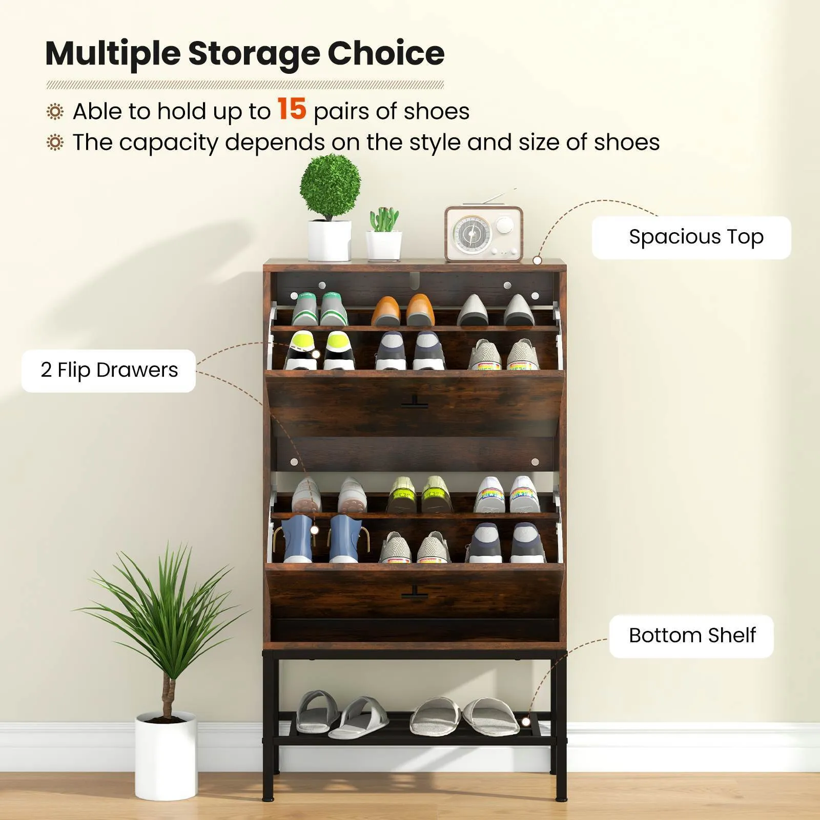Shoe Storage Cabinet w/ 2 Flip Drawers 1 Bottom Metal Shelf Shoe Organizer