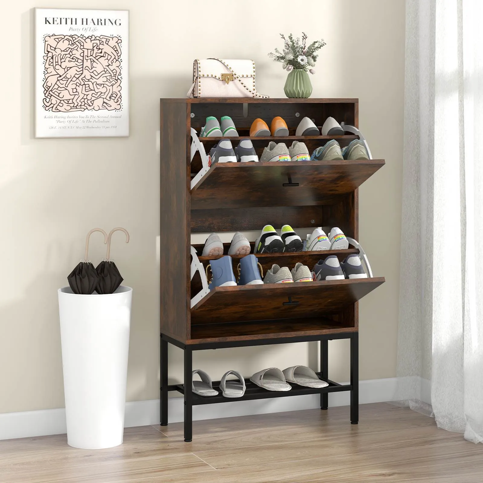 Shoe Storage Cabinet w/ 2 Flip Drawers 1 Bottom Metal Shelf Shoe Organizer