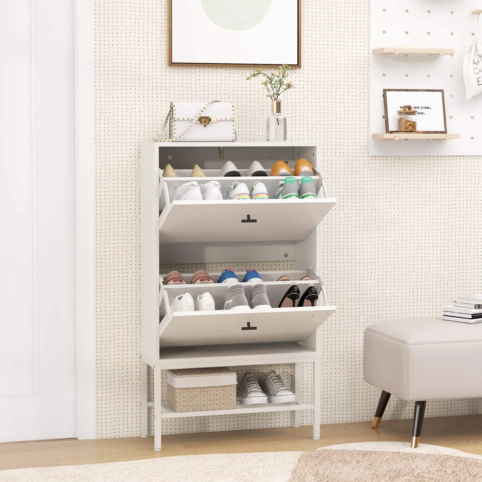 Shoe Storage Cabinet w/ 2 Flip Drawers 1 Bottom Metal Shelf Shoe Organizer