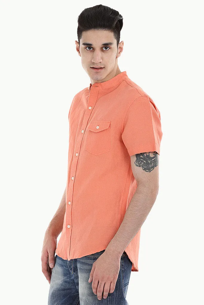 Short Sleeve Band-Collar Linen/Cotton Shirt