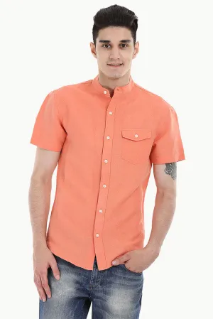 Short Sleeve Band-Collar Linen/Cotton Shirt