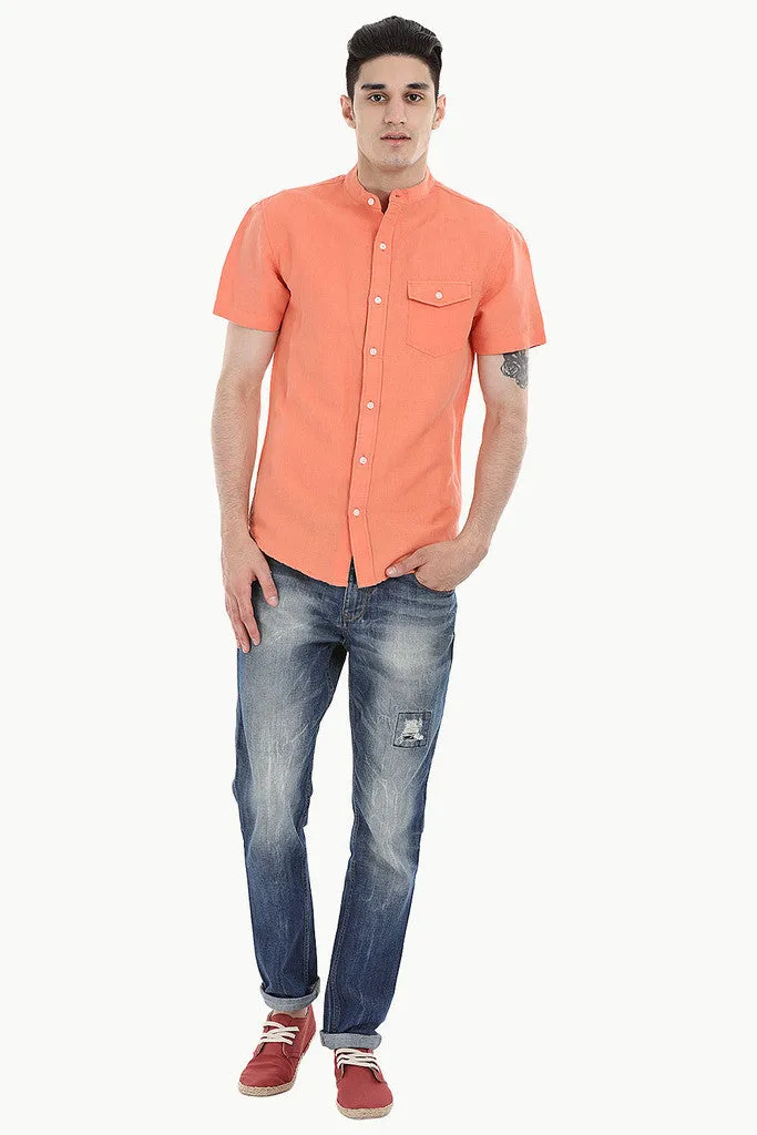 Short Sleeve Band-Collar Linen/Cotton Shirt