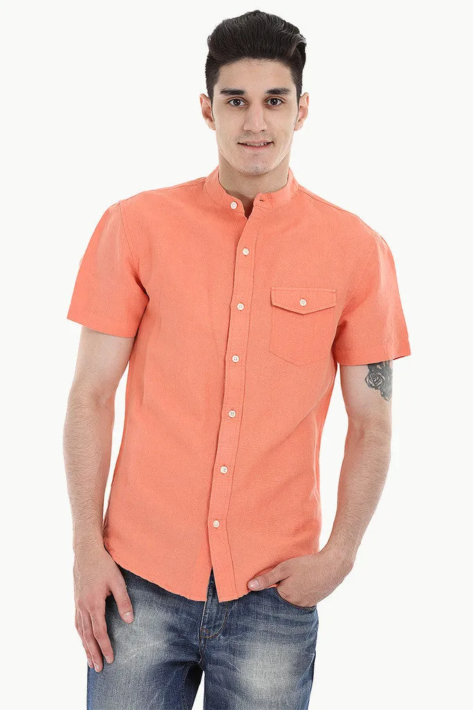 Short Sleeve Band-Collar Linen/Cotton Shirt