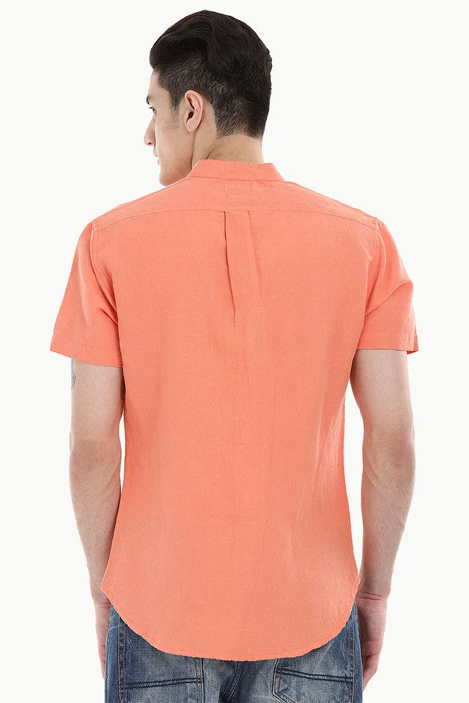 Short Sleeve Band-Collar Linen/Cotton Shirt