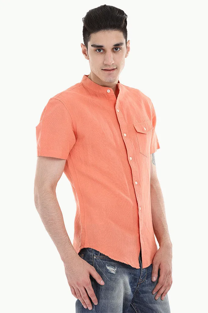 Short Sleeve Band-Collar Linen/Cotton Shirt