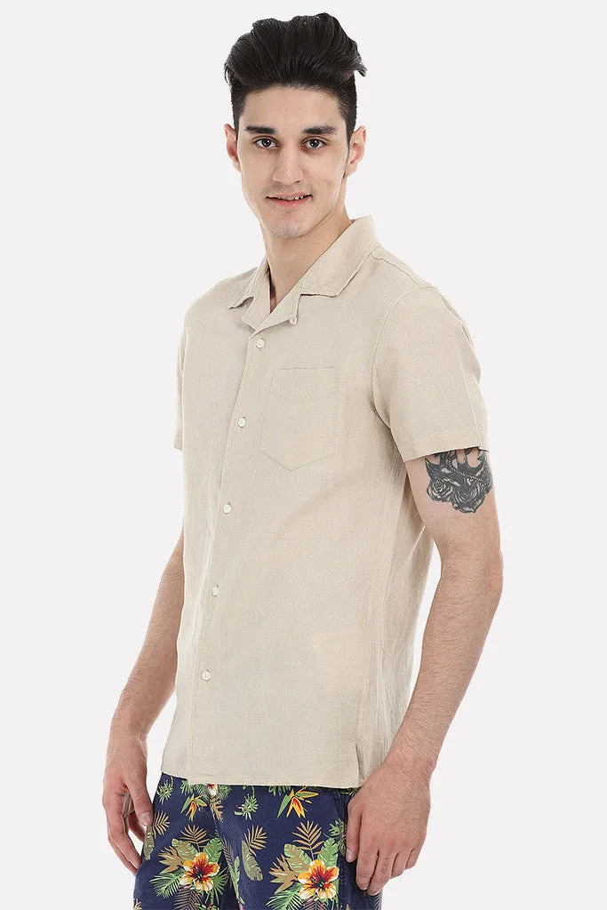 Short-Sleeve Camp-Collar Linen/Cotton Shirt
