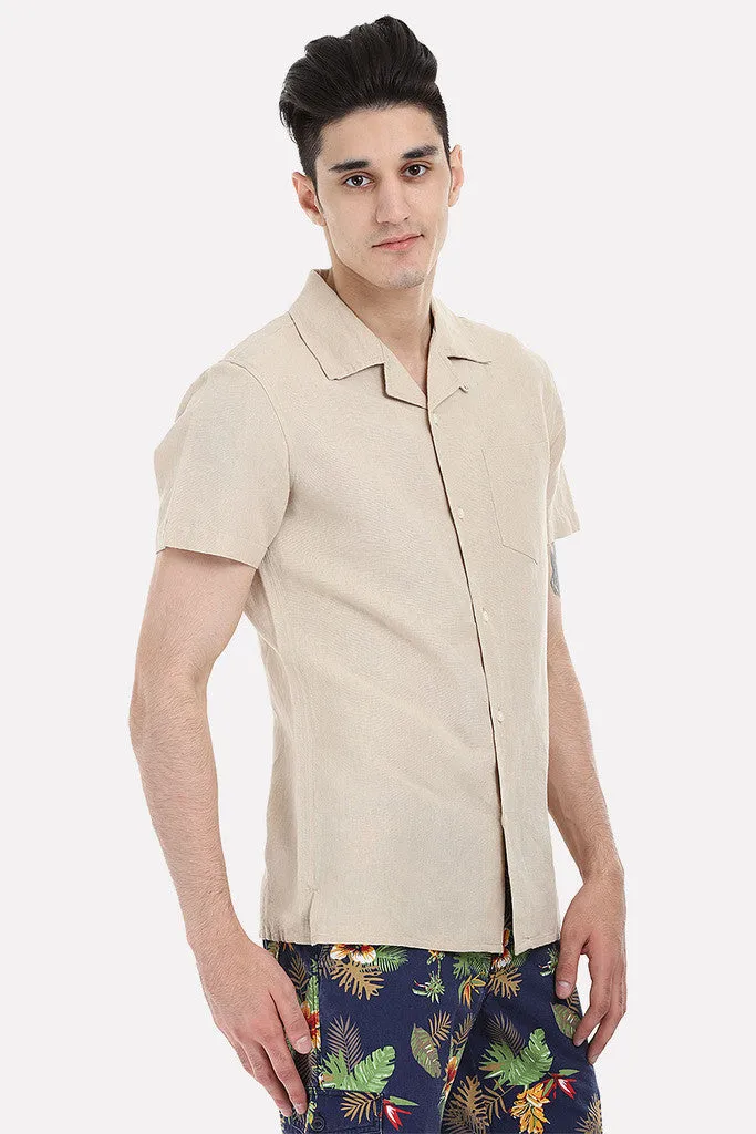 Short-Sleeve Camp-Collar Linen/Cotton Shirt
