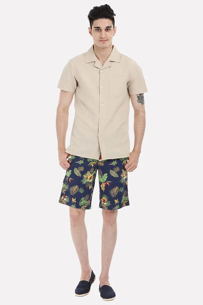 Short-Sleeve Camp-Collar Linen/Cotton Shirt