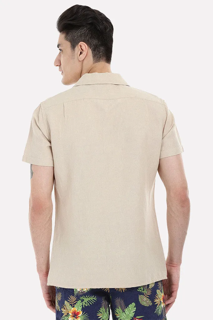 Short-Sleeve Camp-Collar Linen/Cotton Shirt