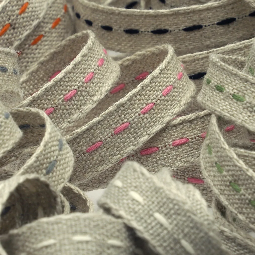 Single Stitched Linen Ribbon #6 Ecru & Pink