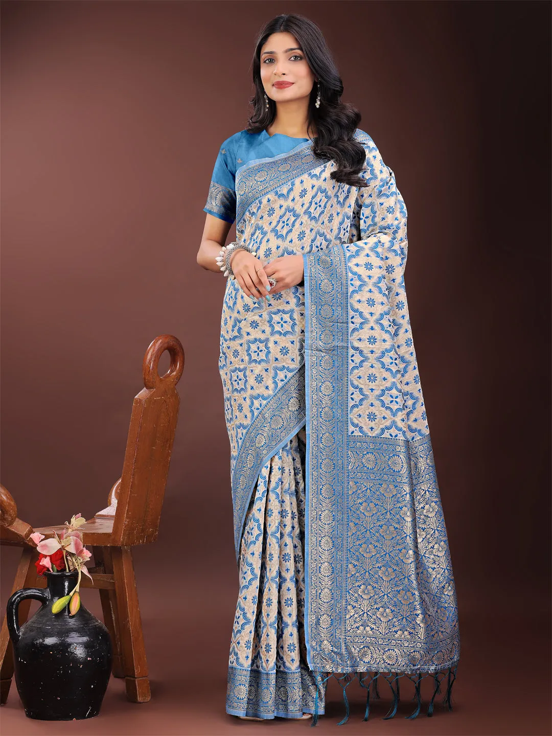 Sky Blue Linen Cotton Saree