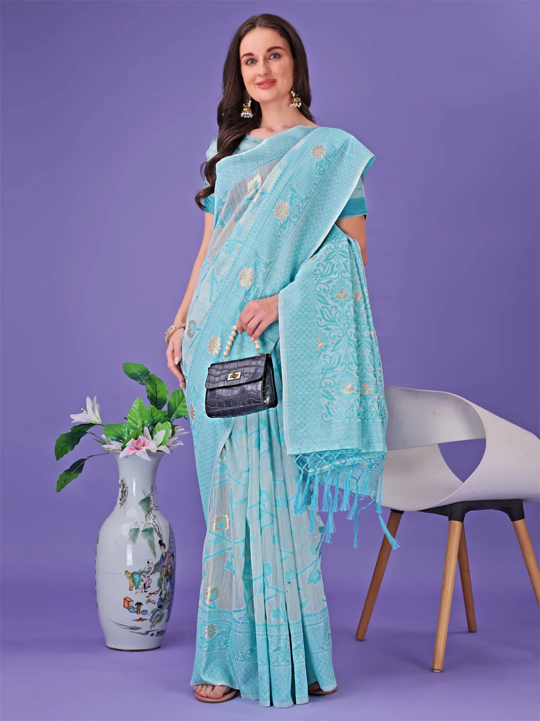 Sky Blue Linen Cotton Saree