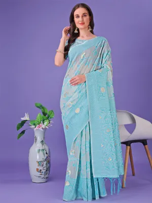 Sky Blue Linen Cotton Saree