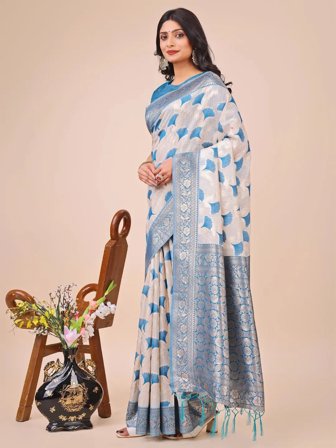 Sky Blue Linen Cotton Saree