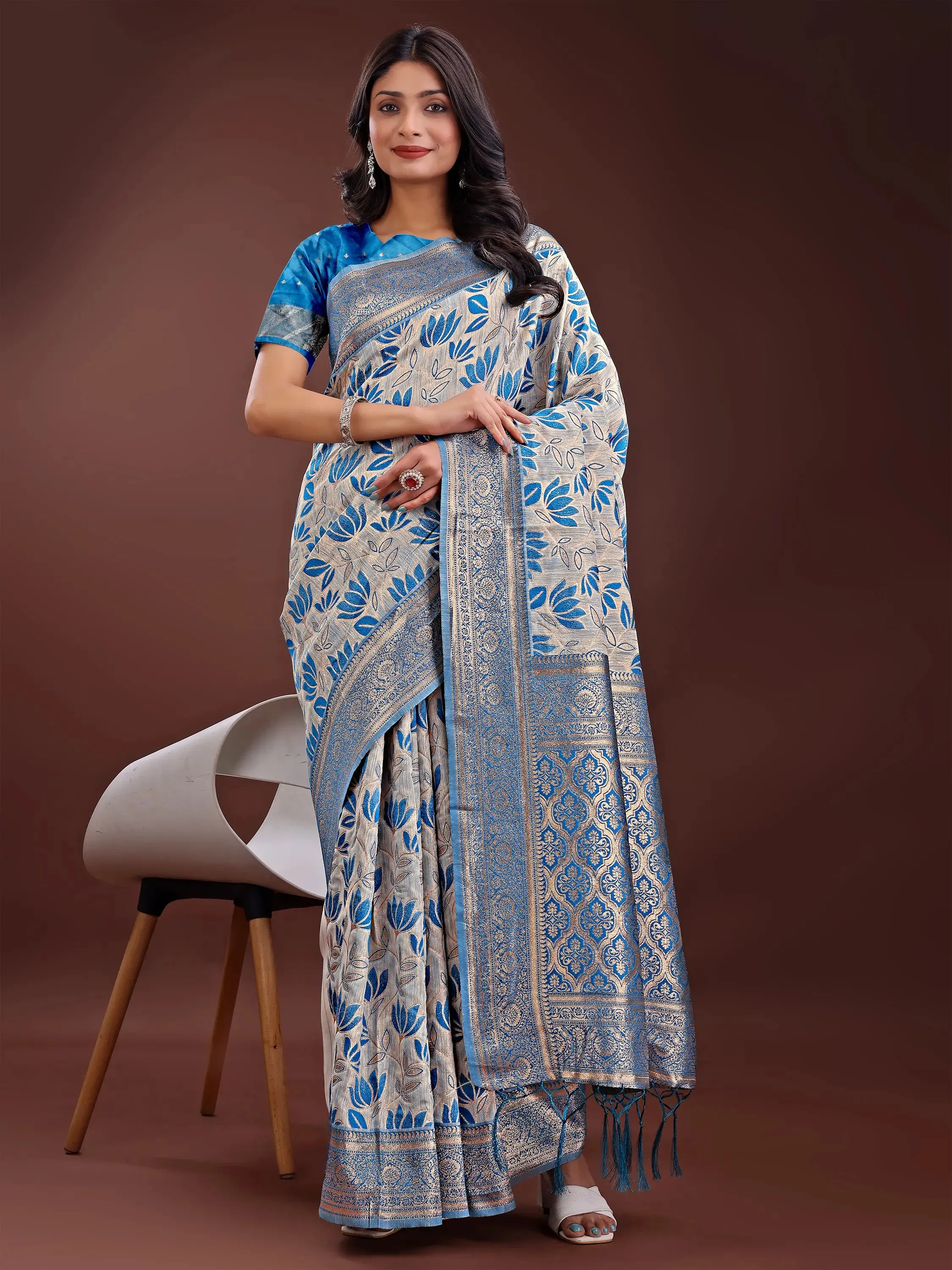 Sky Blue Linen Cotton Saree