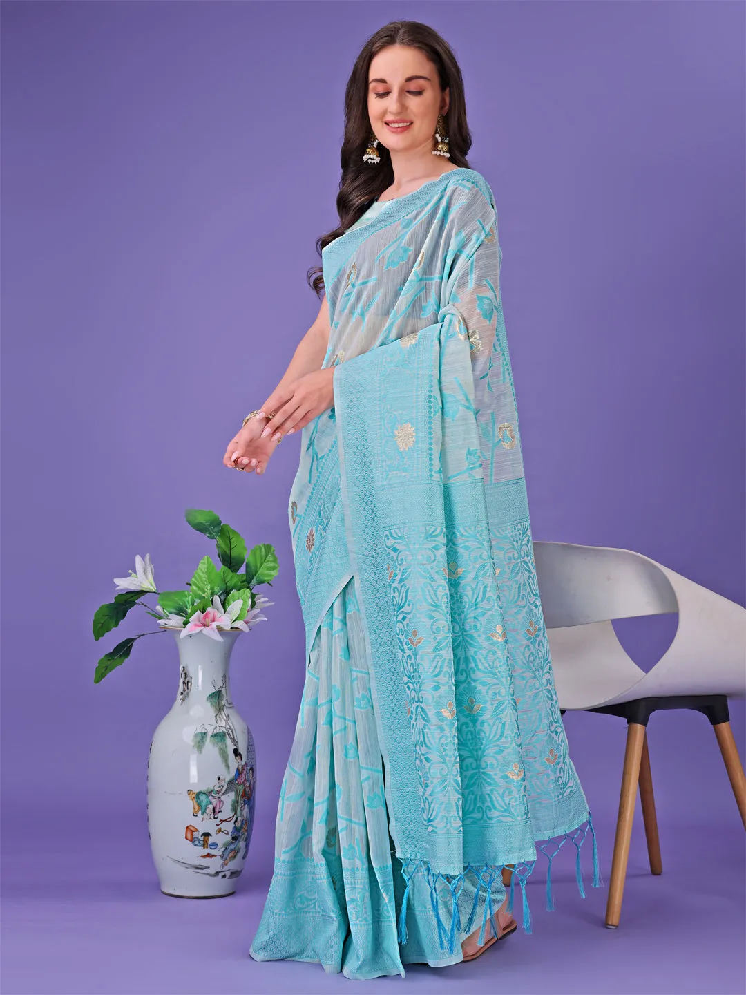 Sky Blue Linen Cotton Saree