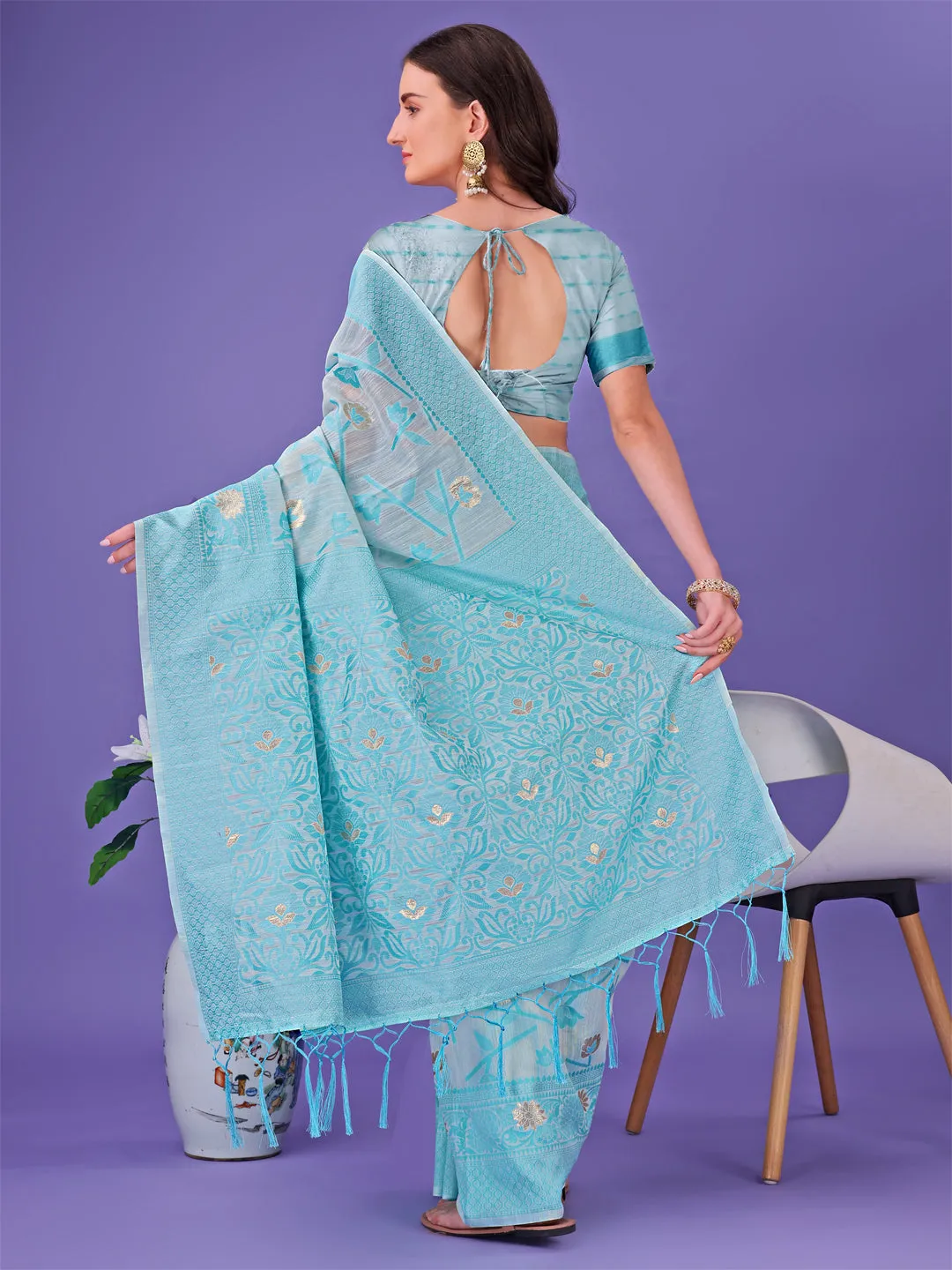 Sky Blue Linen Cotton Saree