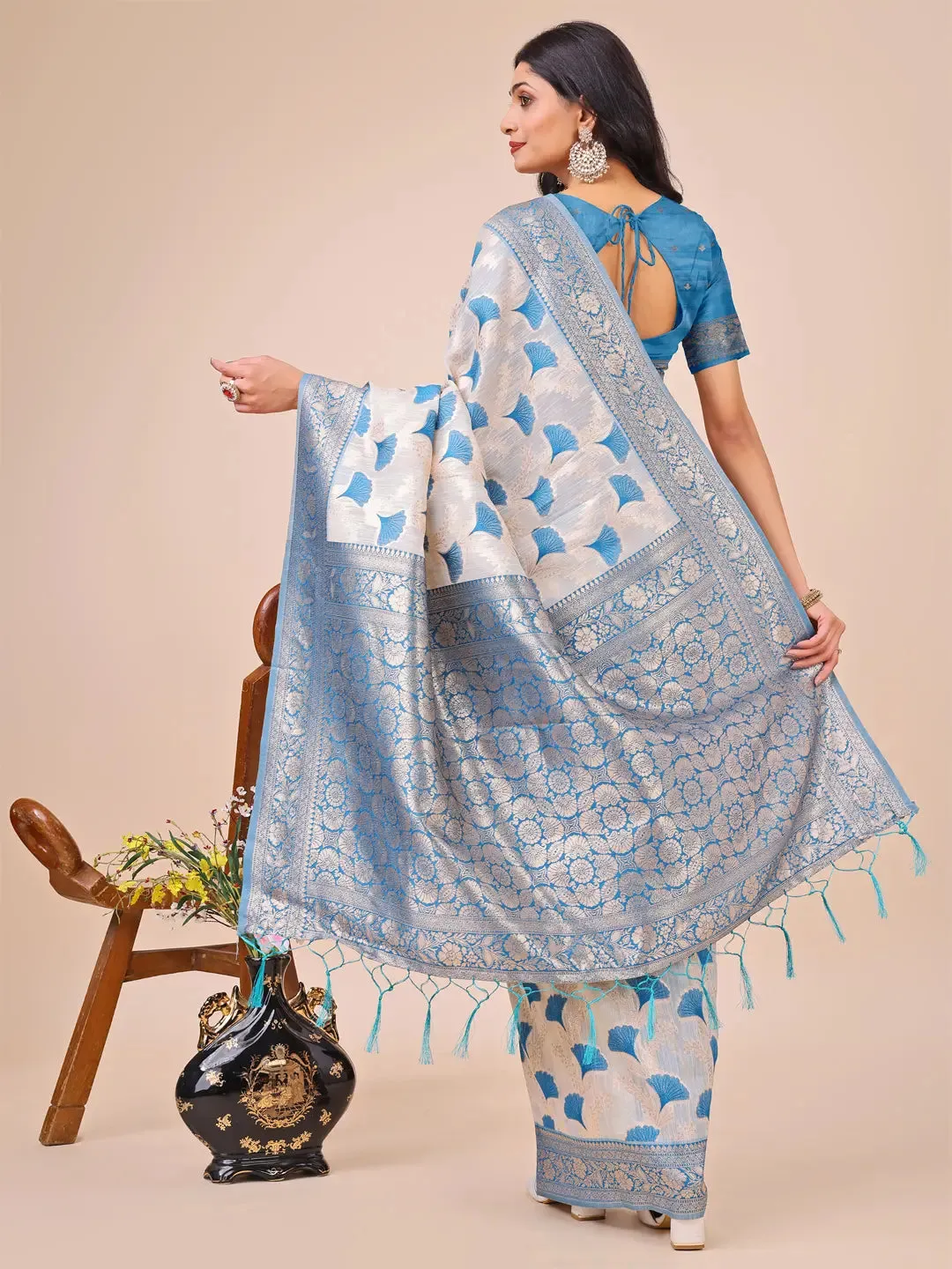 Sky Blue Linen Cotton Saree