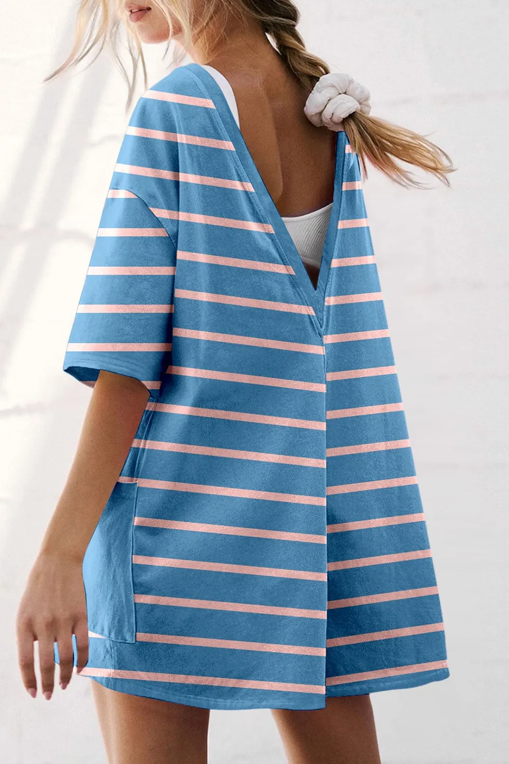 Sky Blue Stripe Convertible Neckline Loose Short Sleeve Romper