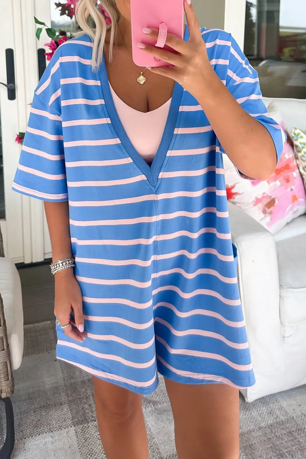Sky Blue Stripe Convertible Neckline Loose Short Sleeve Romper