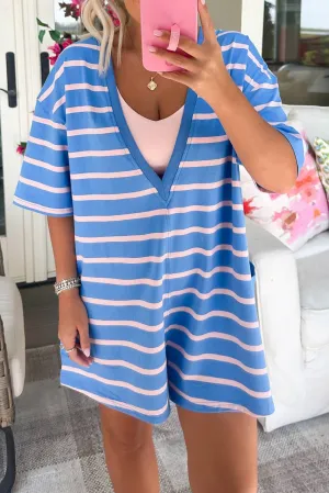 Sky Blue Stripe Convertible Neckline Loose Short Sleeve Romper