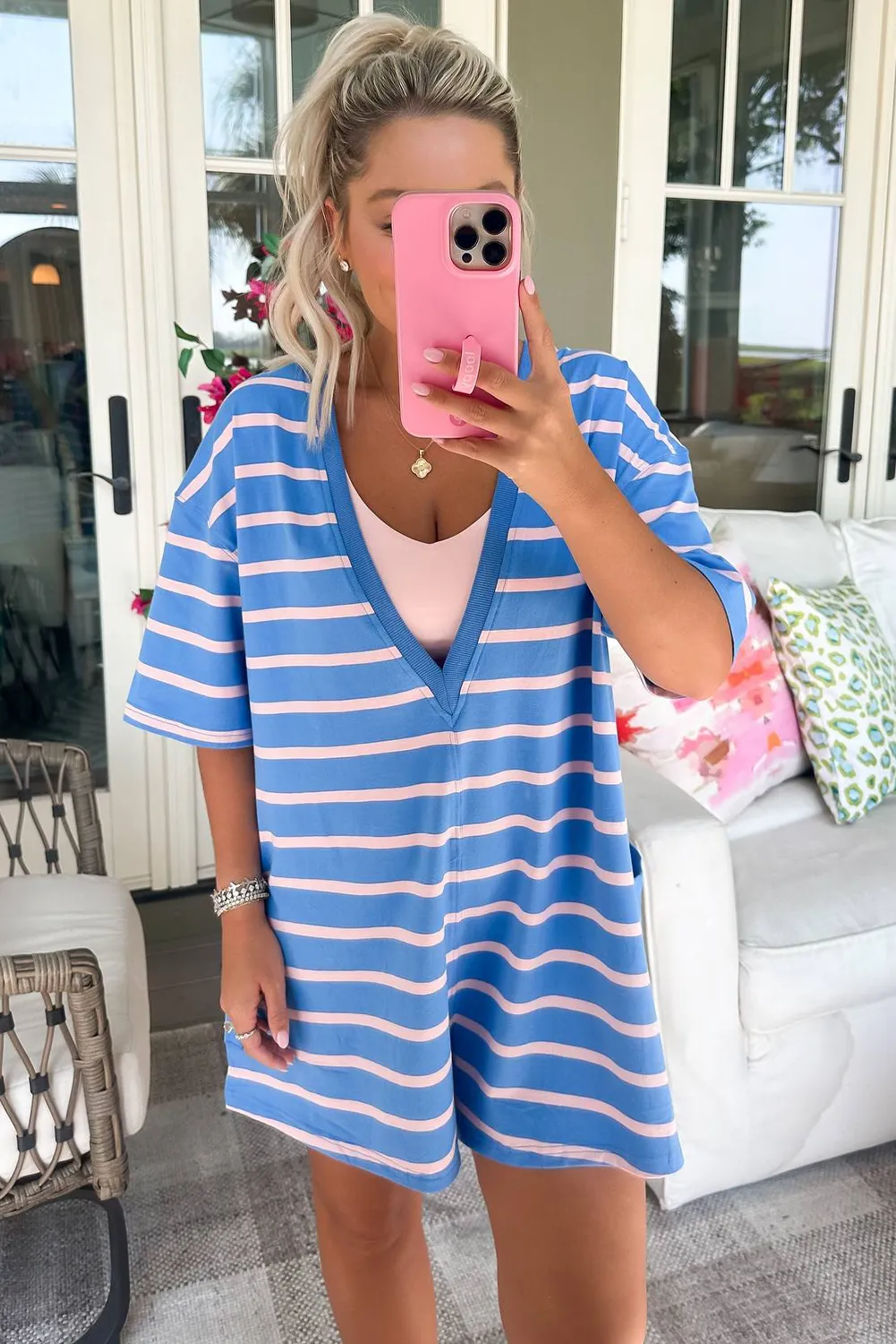 Sky Blue Stripe Convertible Neckline Loose Short Sleeve Romper
