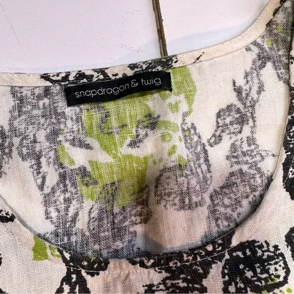 Snapdragon &amp; Twig 100% Linen Orbit Green Cream Black Floral Oversized Dress XS