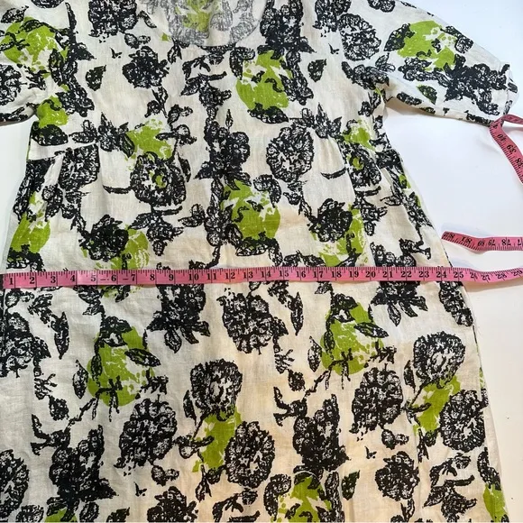 Snapdragon &amp; Twig 100% Linen Orbit Green Cream Black Floral Oversized Dress XS